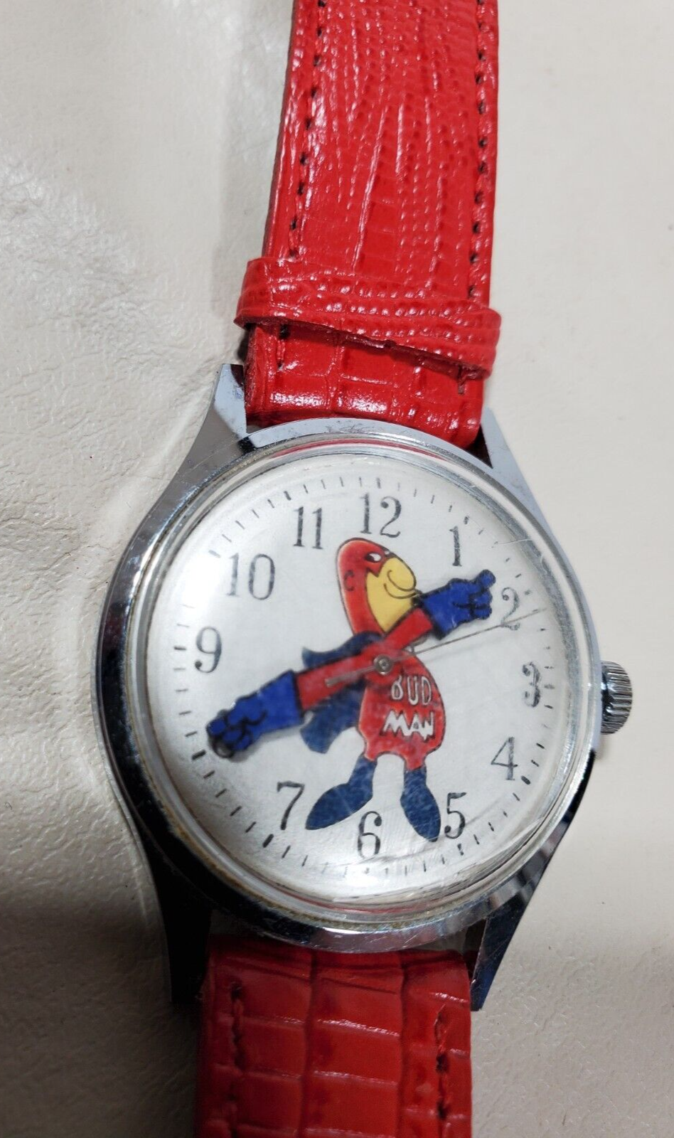 VINTAGE BUDWEISER BUD MAN BUDMAN WATCH HELBROS WORKING WIND UP