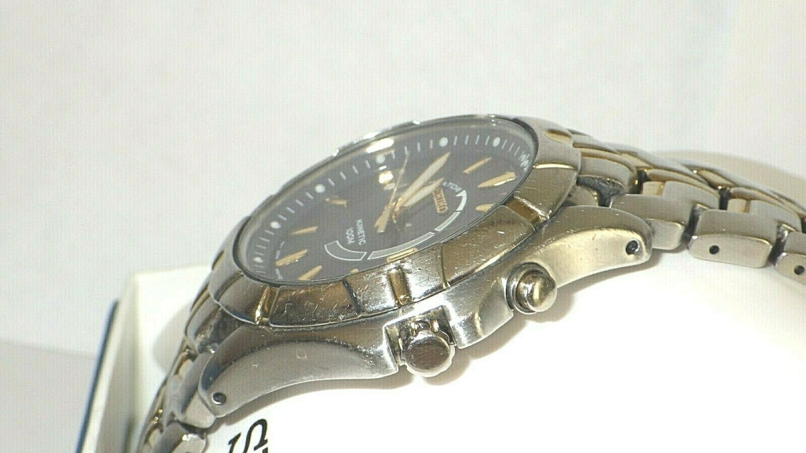 Seiko Men s SKA402 Kinetic Dark Blue Dial Stainless Steel Two Tone