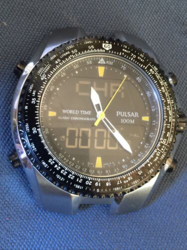 RARE MENS PULSAR ANA DIGI WORLD TIME STAINLESS BAND QUARTZ WATCH