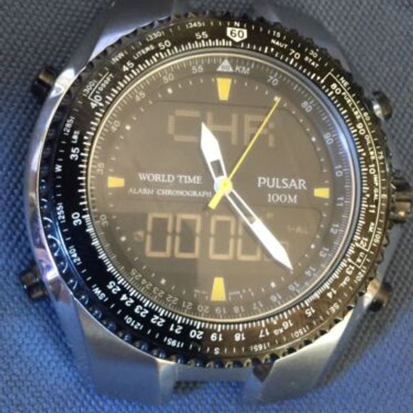 RARE MENS PULSAR ANA DIGI WORLD TIME STAINLESS BAND QUARTZ WATCH