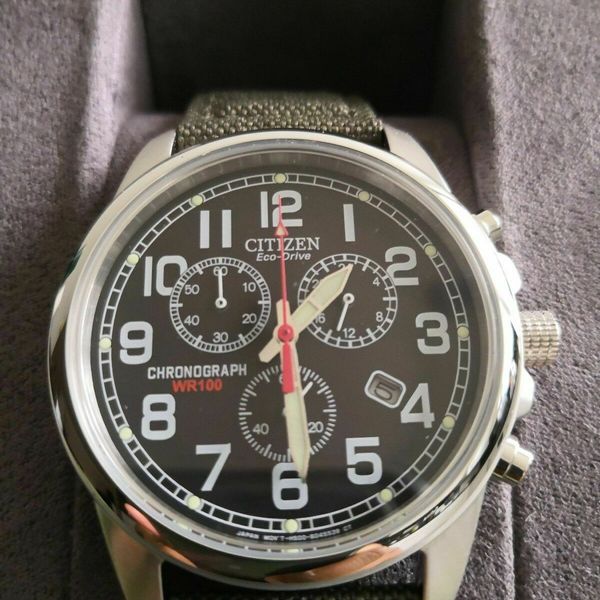 Citizen EcoDrive Chronograph *AT020005E* 41mm Military Canvas Band Men's Watch WatchCharts