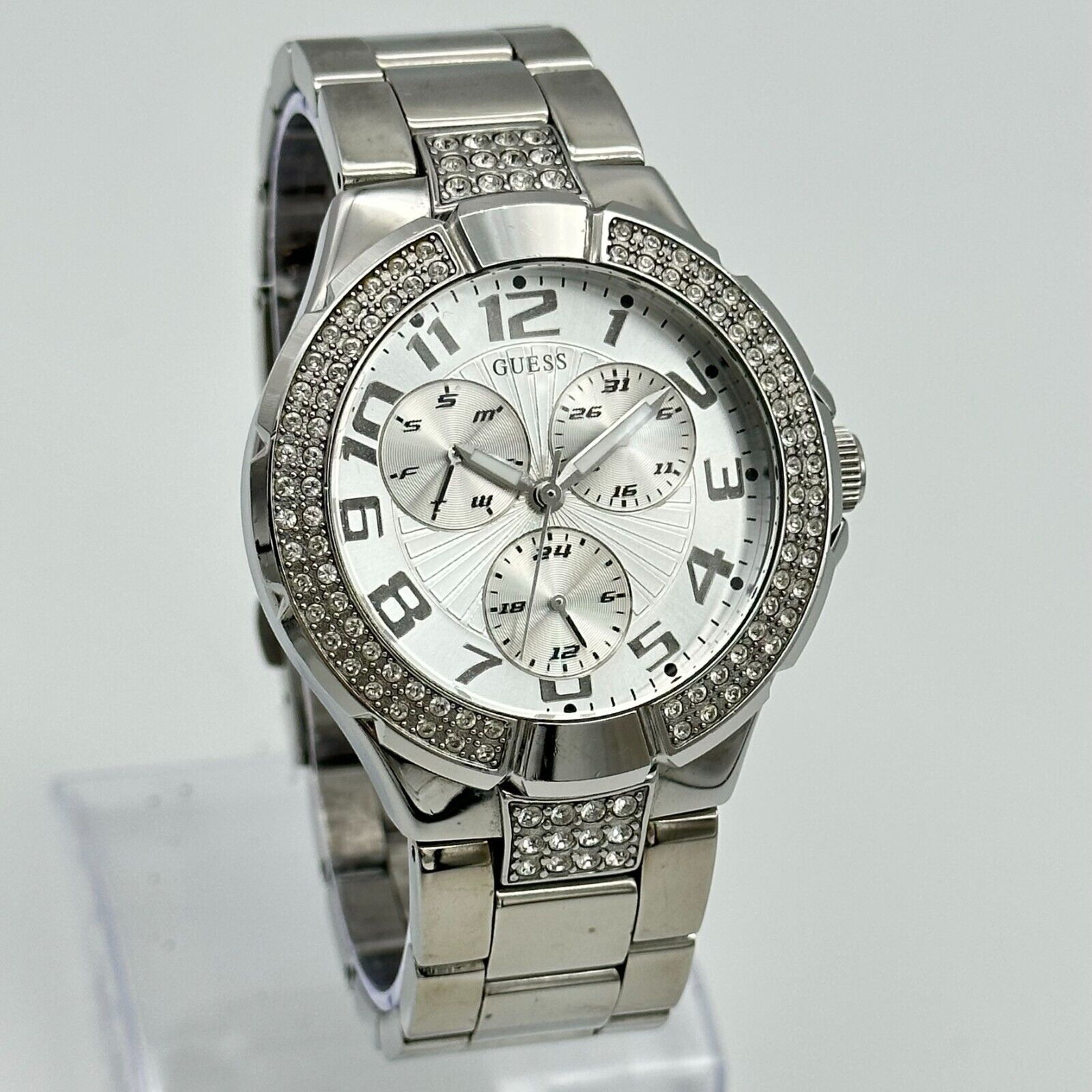 Guess Silver Crystal-Accent Women\'s Bracelet Watch Vintage Guess Chunky Silver Tone Watch With Rhinestone Bezel  main image 3