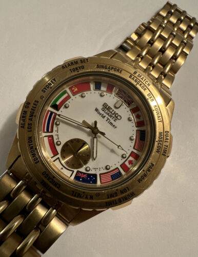 Vintage , GOLD, SEIKO QUARTZ WORLD TIMER, 8V22-7008, Mens