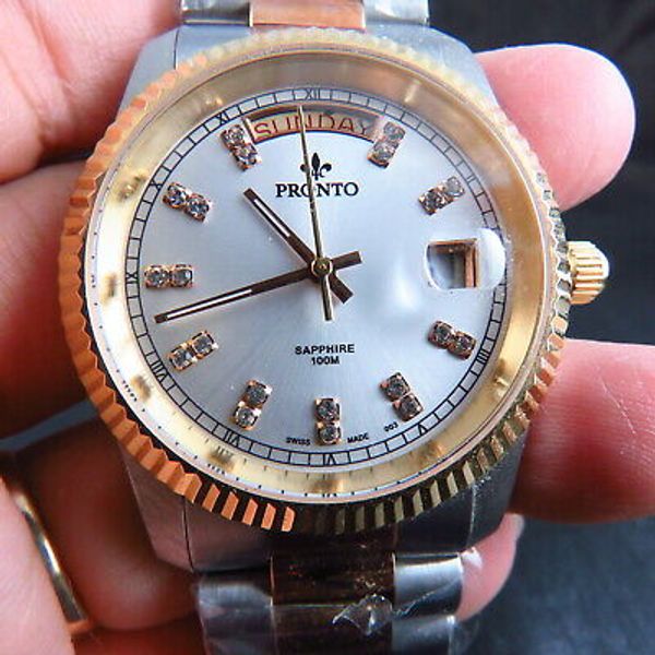 Pronto Watch NEW SWISS MADE PRONTO SAPPHIRE CRYSTAL 100M DAYDATE AUTOMATIC MEN WATCH ...