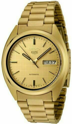 SEIKO 5 Mens Gold Steel Plated Automatic Gold Dial SNXL72