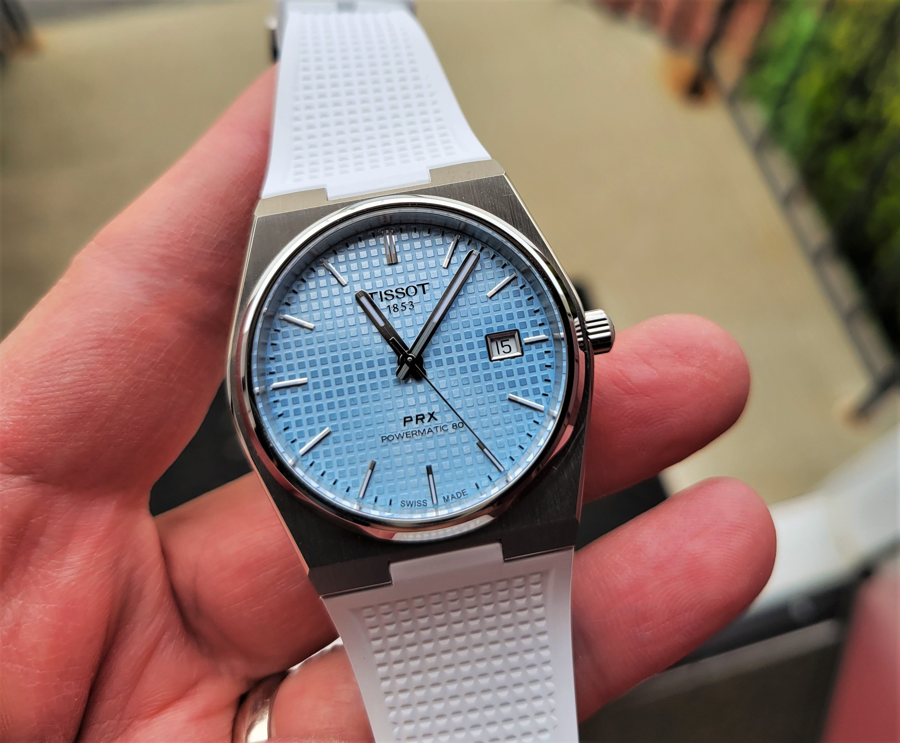 600 USD F.S. Tissot PRX ice blue dial plus white oem rubber strap