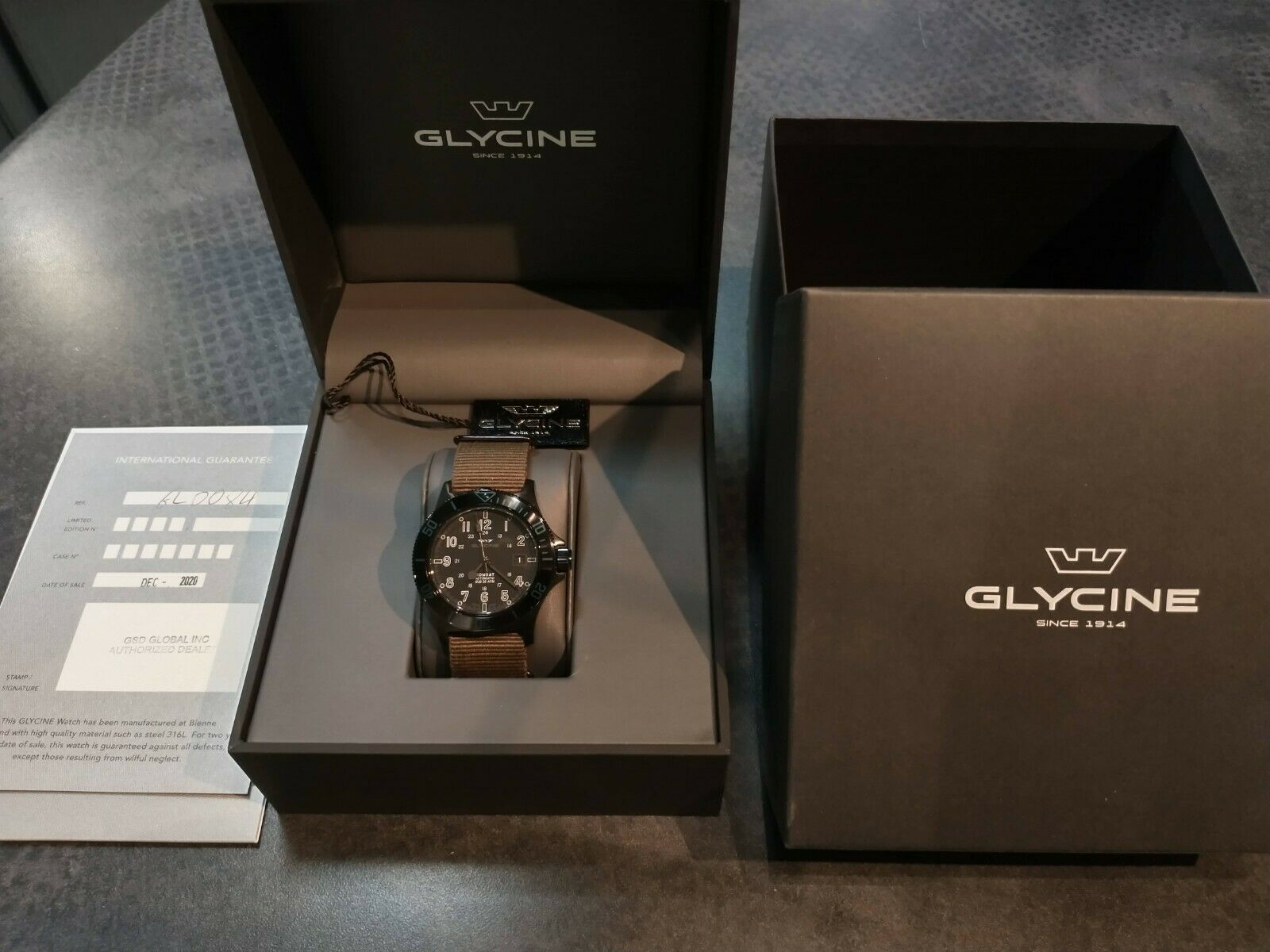 Glycine Combat Sub 42mm Black PVD OD Nylon Strap GL0084 Watch