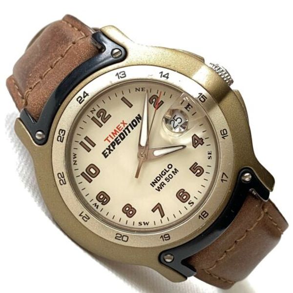 Timex Expedition Indigo Mens Date Watch T48501 Brass Tone Brown Leather