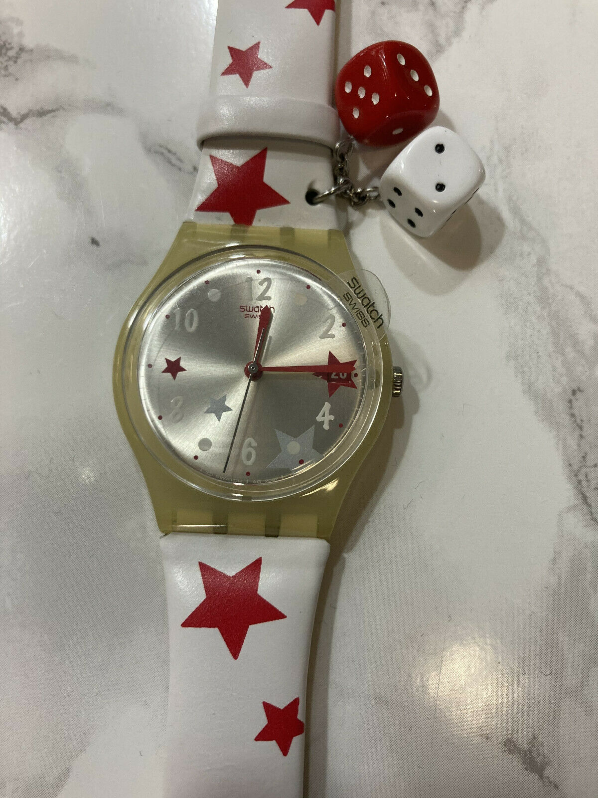 SWATCH WATCH Star Feelings Mini Dice Leather Band Red White Stars Stripes NEW Degrade Chilli Red Leather Watch Strap main image 4