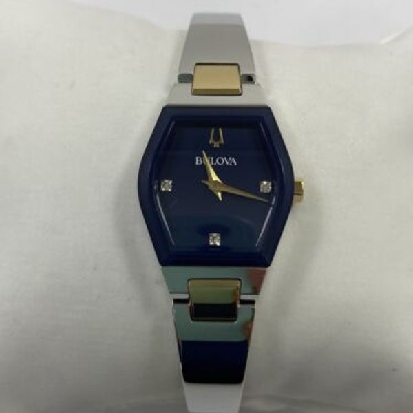 Bulova Gemini Diamonds Quartz Blue Dial Steel Ladies Bangle Watch ...
