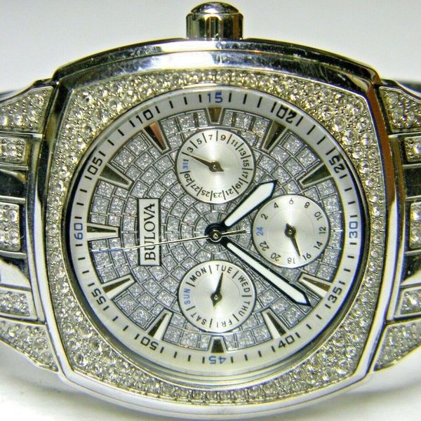 men Bulova 328 Swarovski Crystal Bling Paved Dazzling Iced Out Tank ...