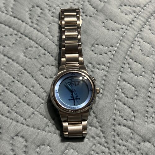 Fossil Big Tic Watch Men Kanji Chinese Animation Silver Tone Blue 