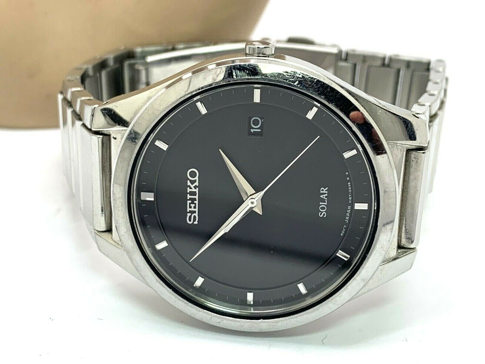 Seiko Solar Black Dial Date Silver Tone Stainless Steel Men's