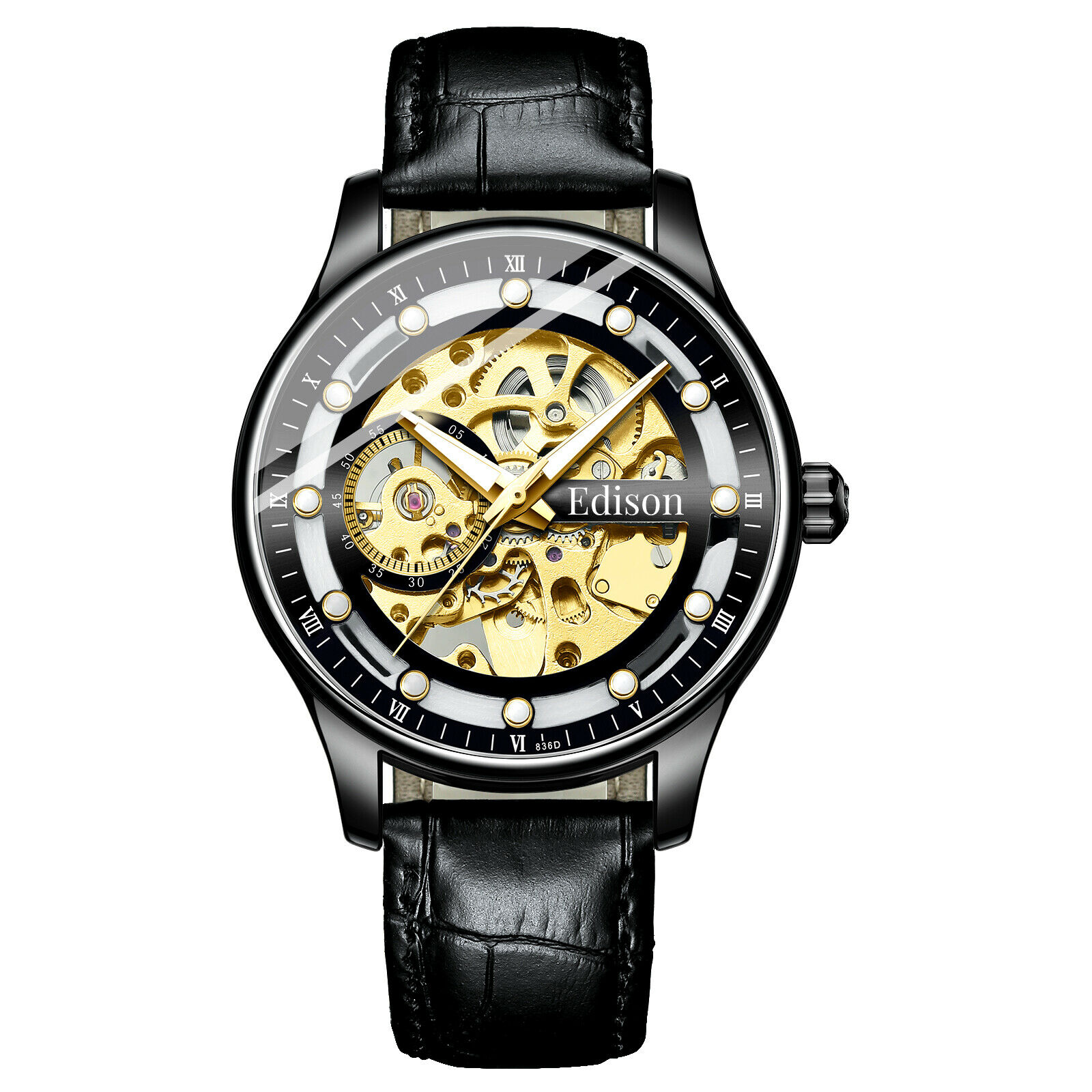 Men s Automatic Edison Skeleton Watch Black Gold Dial Glass Back