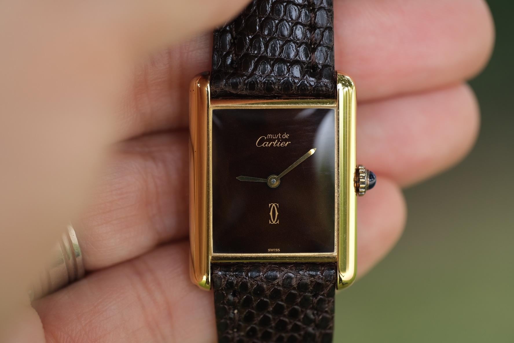 WTS PRICE DROP Men s Cartier Tank Vermeil w RARE brown marble dial on new lizard strap WatchCharts Marketplace