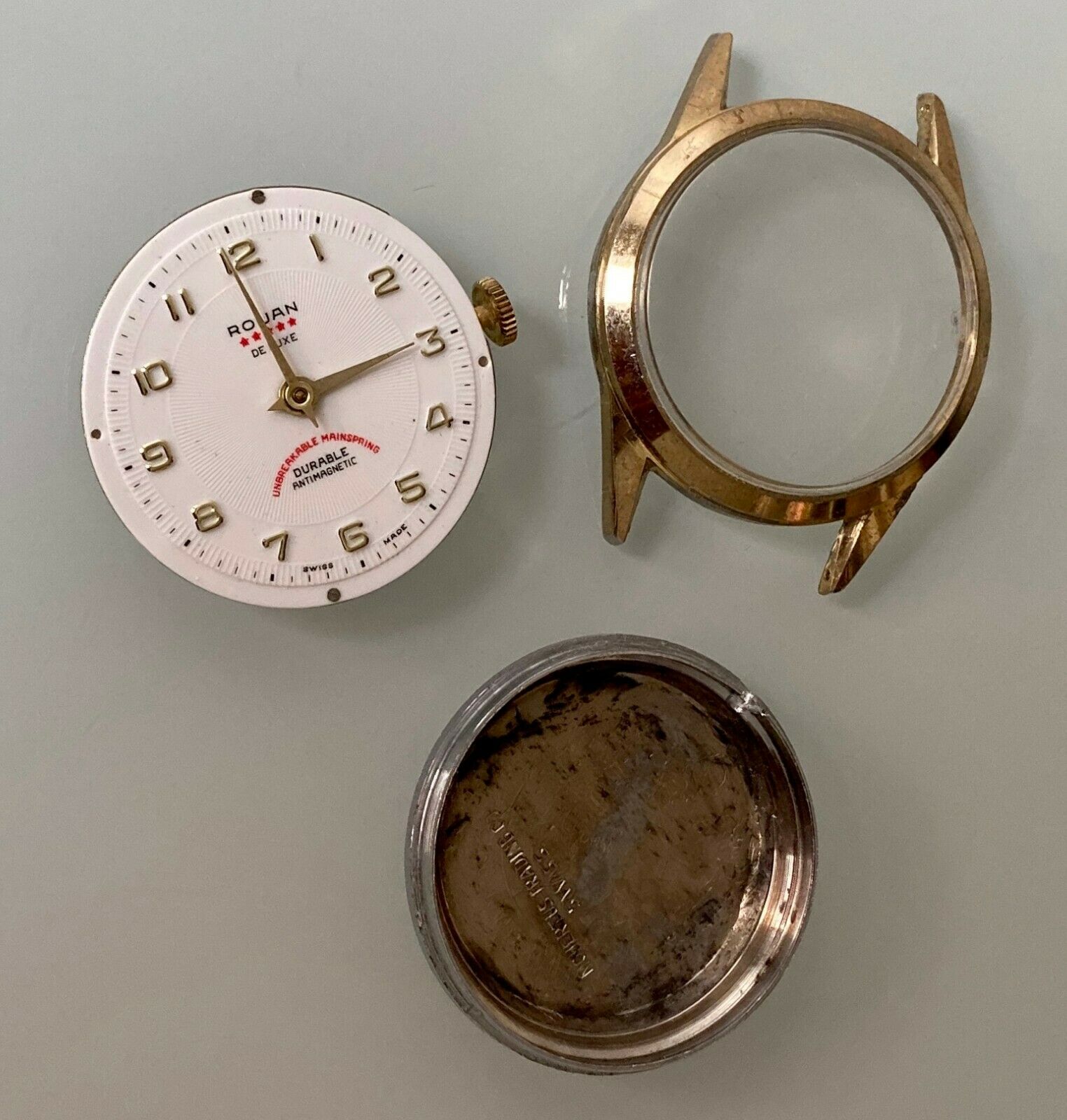 Vintage Rouan Deluxe 1 Jewel Watch Diamond Toole Swiss Made Gold Tone No Band RARE Vintage ROUAN DELUXE Mens SWISS Mechanical. Diamond  main image 3