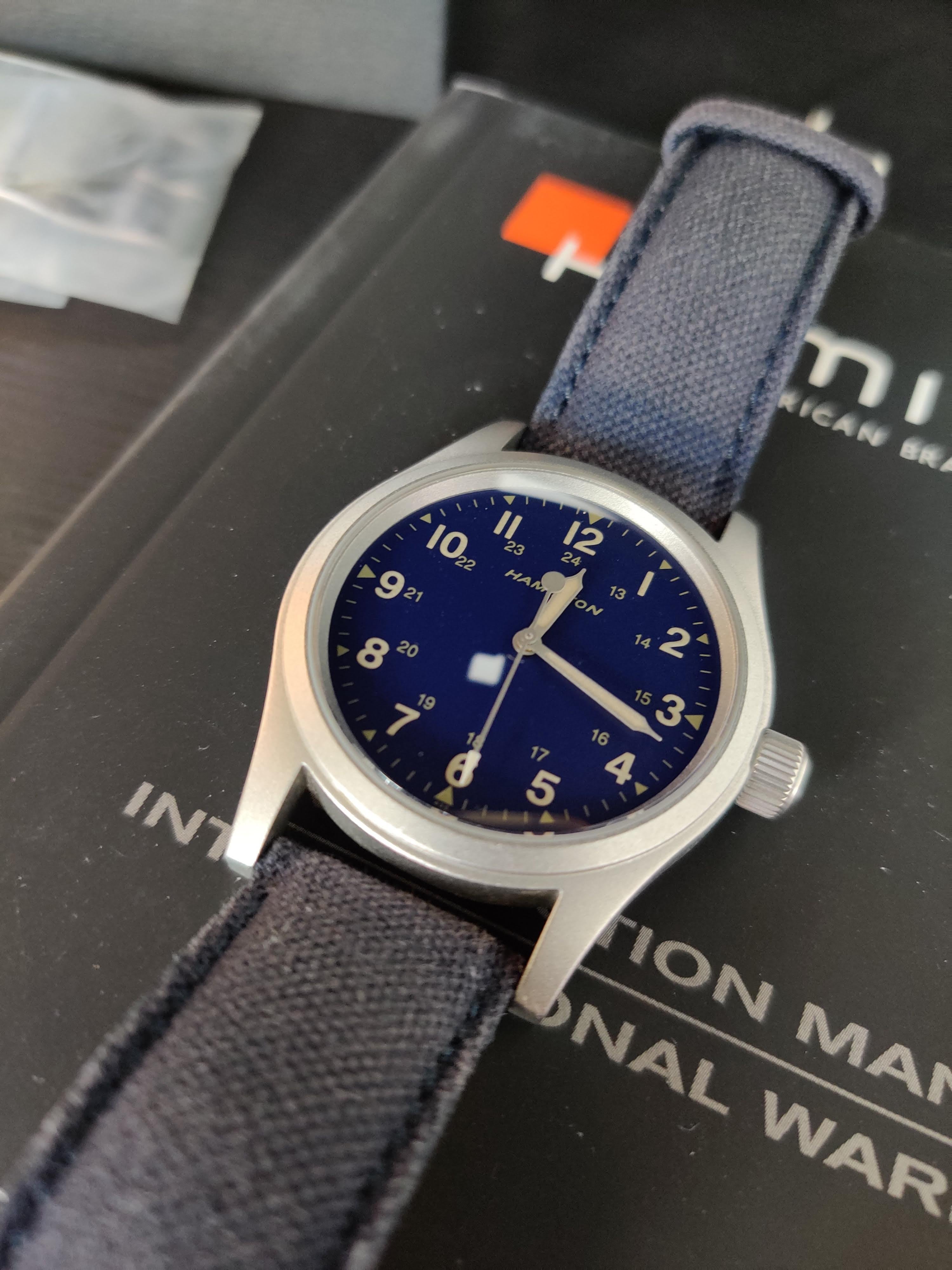 WTS][$380] Rare Hamilton x Ships 38mm Blue dial Japanese market ETA Khaki  Field | WatchCharts Marketplace