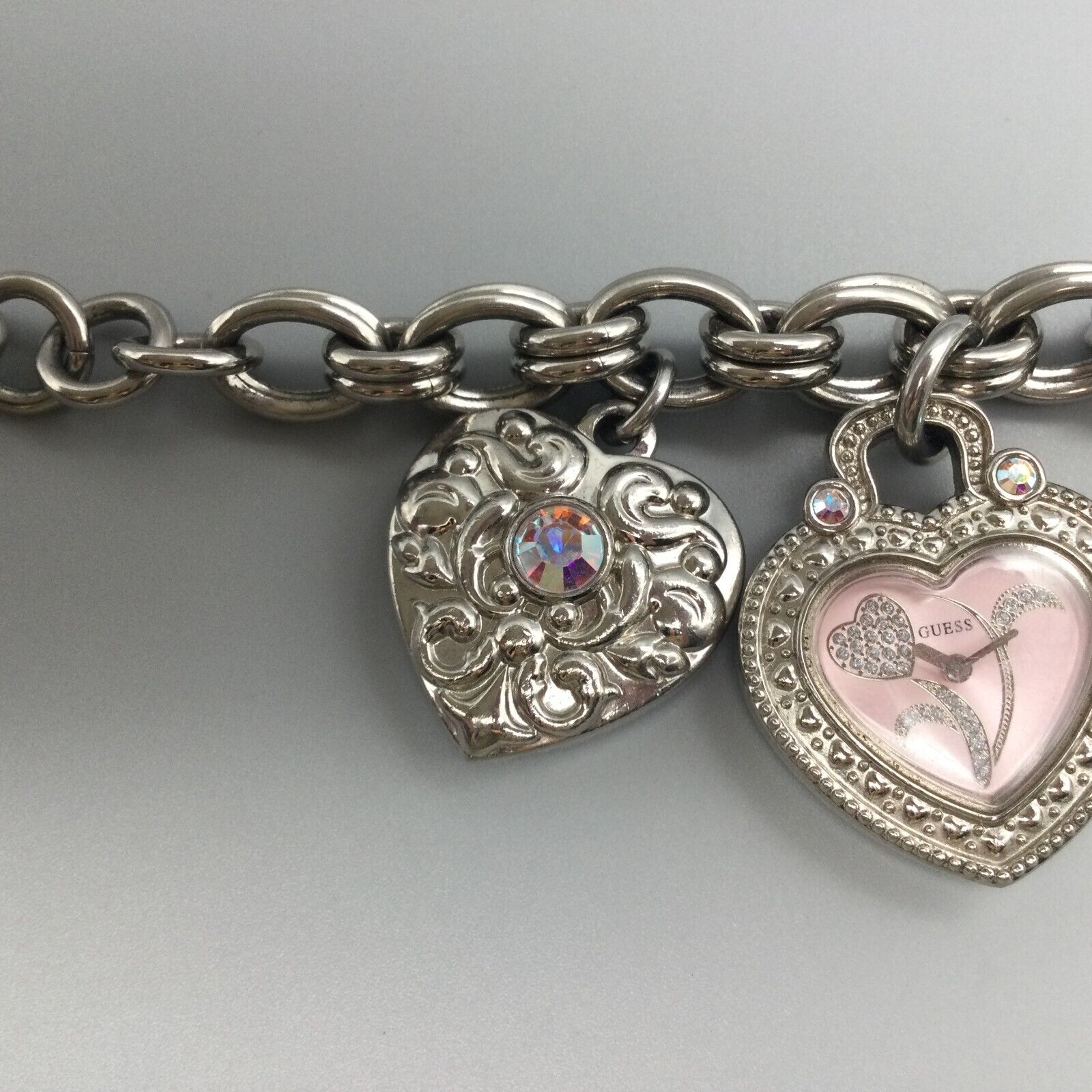 GUESS Silver Heart-Link Bracelet Watch with Pink Dial Guess Silver Rhinestone Heart Link Pink Dial Bracelet Watch  main image 3