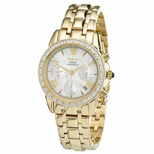 Seiko Solar Chronograph Mother of Pearl Dial Gold-tone Ladies Watch ...
