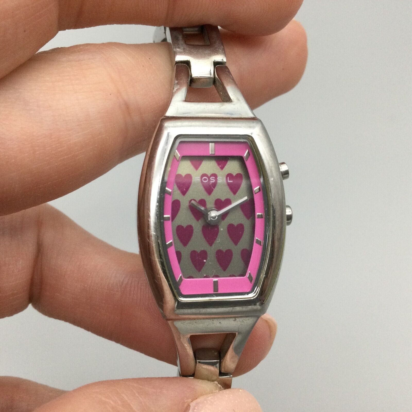 Fossil Heart Watch Women Silver Tone Pink Animation Rectangle New