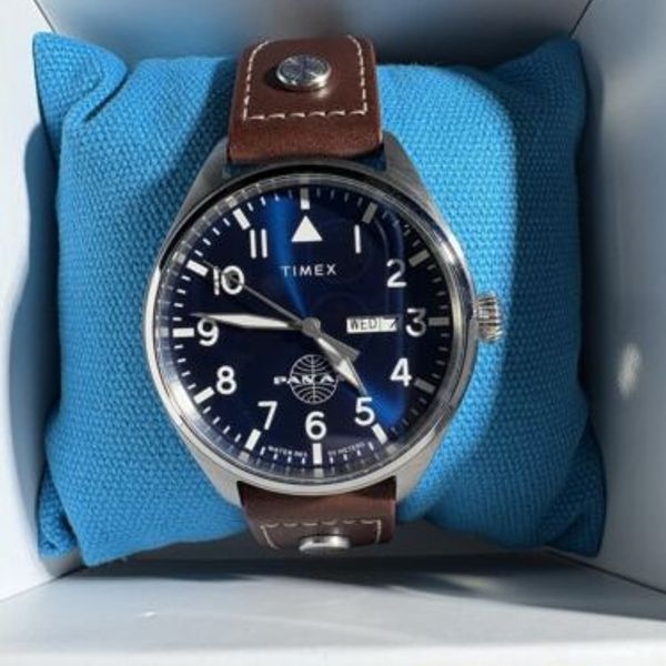 Montre Timex Homme Waterbury Pan Am TWG030100 - Cadran Bleu, Bracelet Cuir, Neuve étiquetée