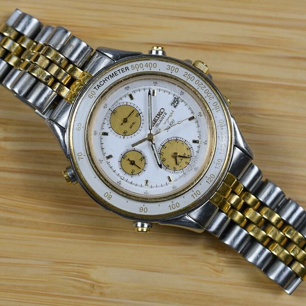 RARE Vintage SEIKO Chronograph SQ100 Two Tone Quartz Watch 7T32 