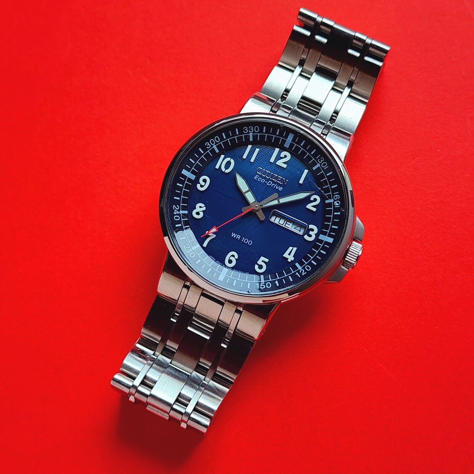 Citizen Eco Drive Watch Blue Day Date with Bracelet E100-S001676