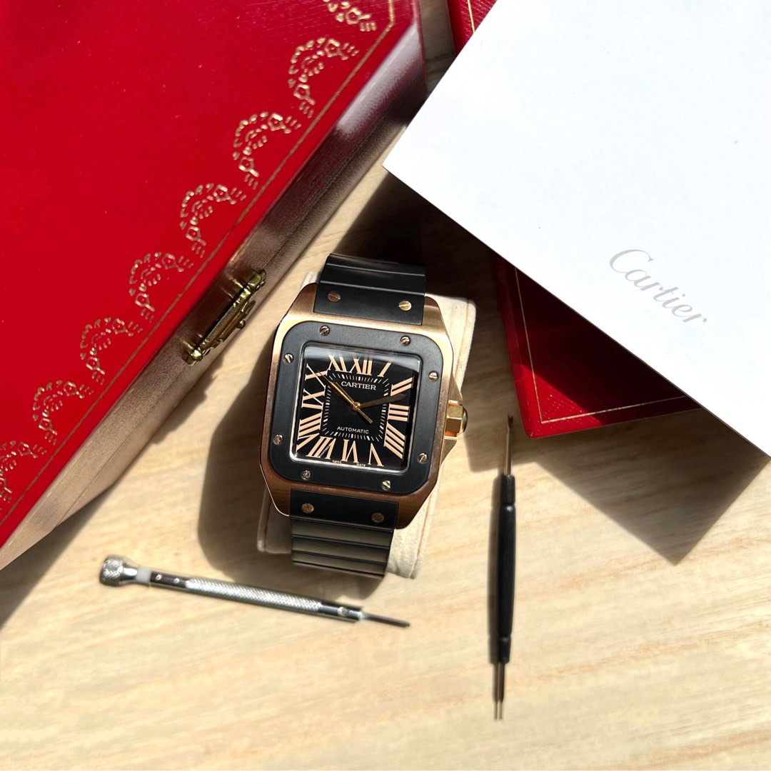 Cartier santos rose gold rubber cheap strap