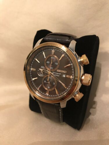 Mens Seiko Chronograph Date Diver Watch brown leather band 7t62