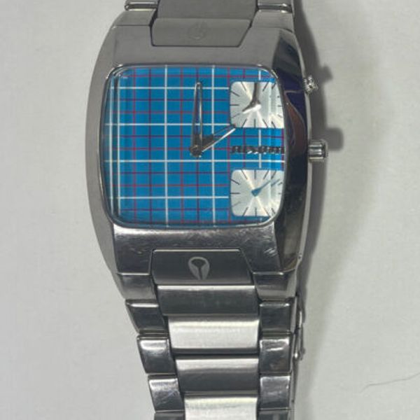 NIXON The Banks Blue Plaid Dual Time Watch Stainless Steel Tested