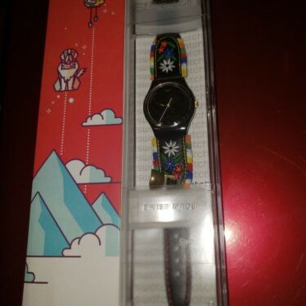 RARE!! Swatch COW BELL Embroidered Flowers Leather Band Swatch! NIB DIE GLOCKE WatchCharts