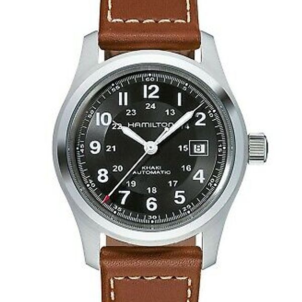 Hamilton Khaki Field Automatic Black Dial Leather Strap Men's Watch ...