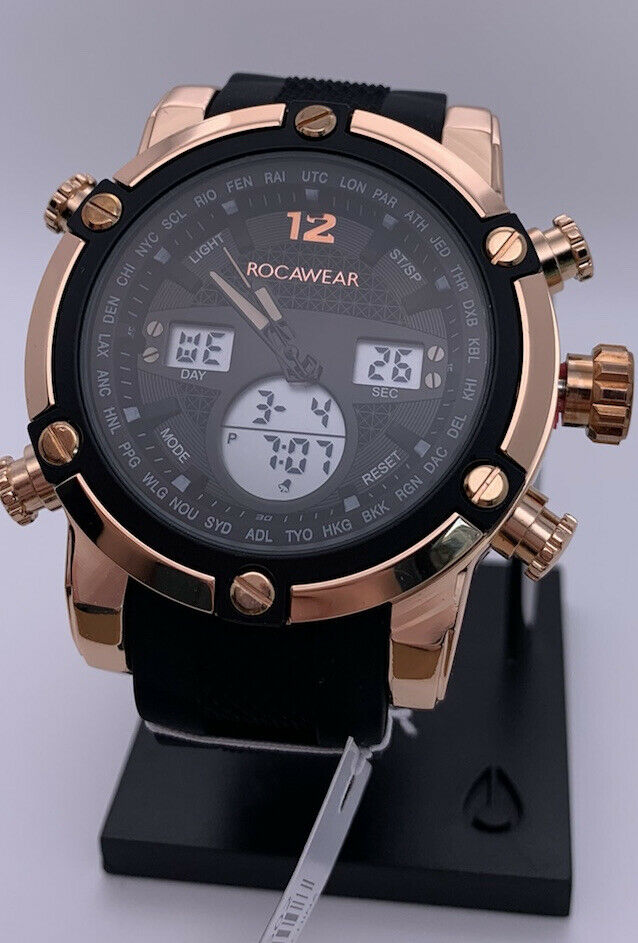 Rocawear RM03592 Men s Gold Tone Adjustable Black Rubber Strap