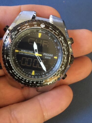 RARE MENS PULSAR ANA DIGI WORLD TIME STAINLESS BAND QUARTZ WATCH