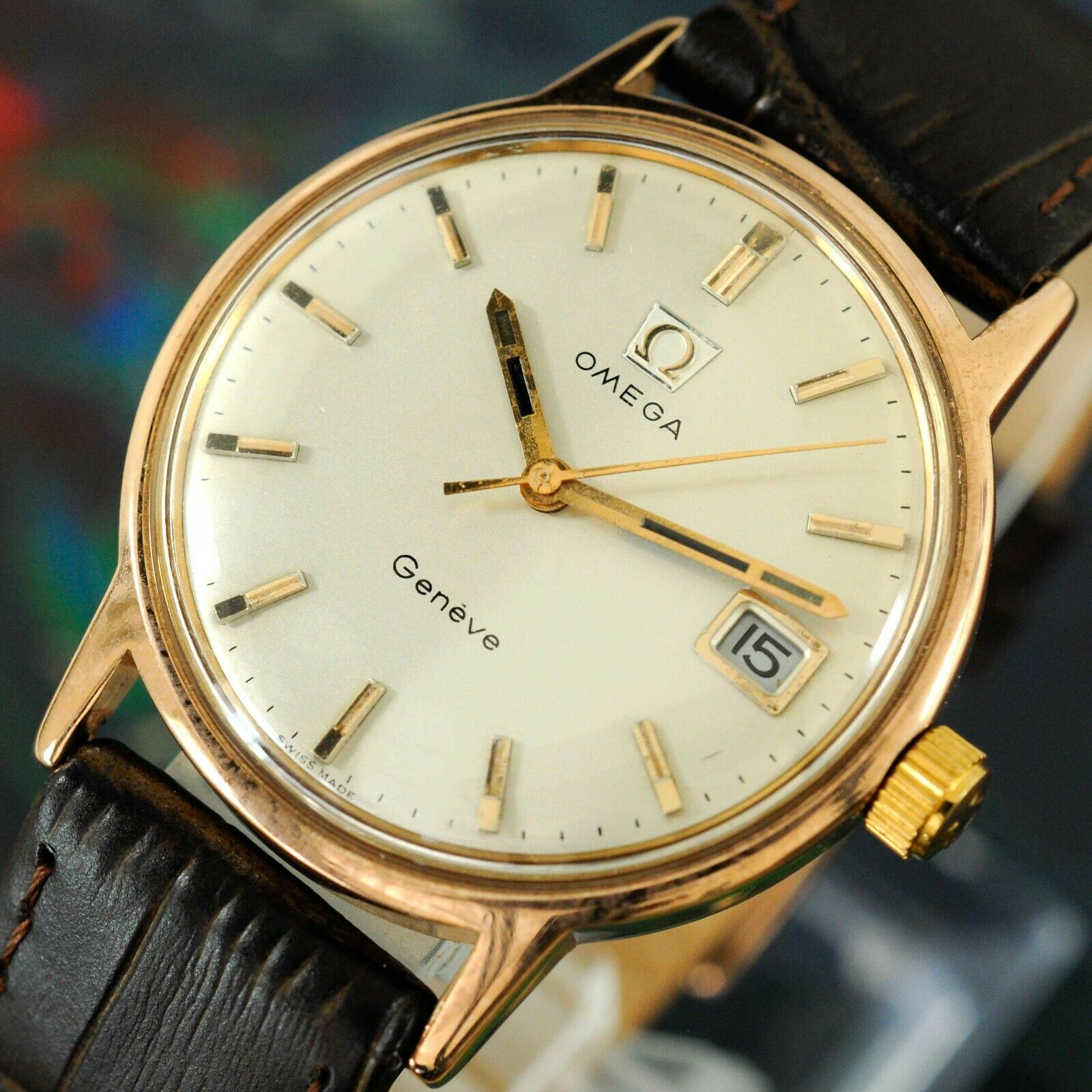 ORIGINAL 1970 OMEGA GENEVE GOLD PLATED MANUAL WIND DATE SWISS