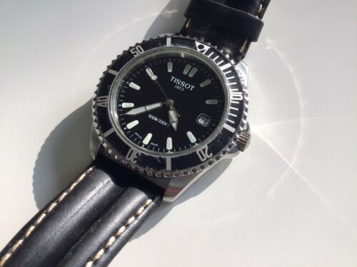 TISSOT Swiss Divers Watch E663 763M Date Black Dial Leather Strap