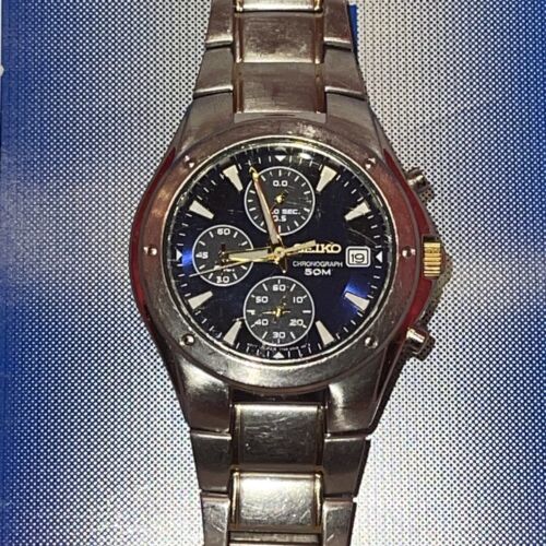 Seiko 7T92 0FX0 Quartz Chronograph blue dial serviced