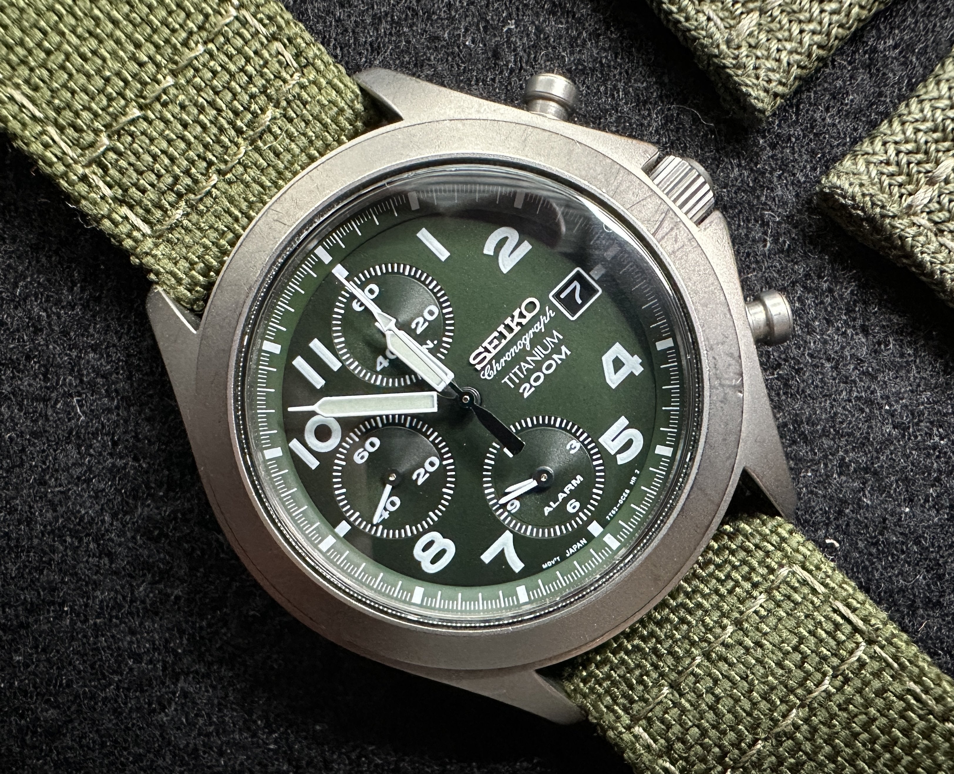 WTS**Seiko titanium 7T62 “Military” chronograph SNA139 GREEN DIAL ...