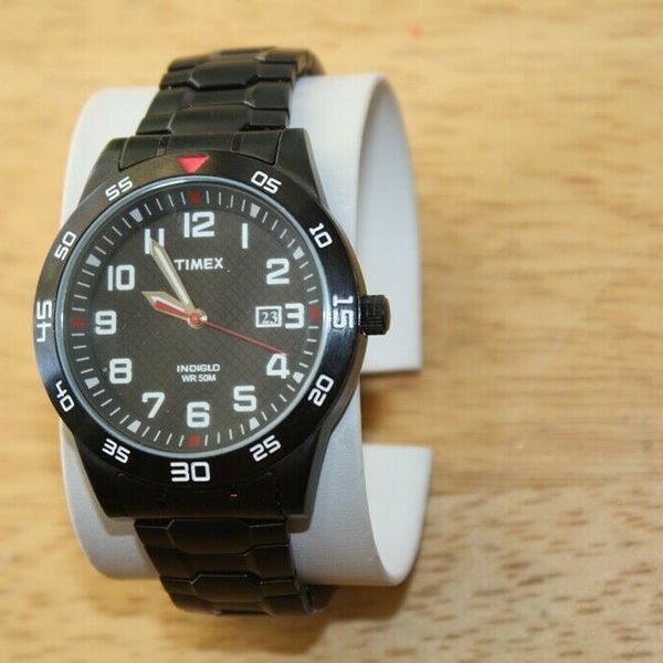 Men's Timex Indiglo WR50M Black Steel Stretch Band Watch | WatchCharts