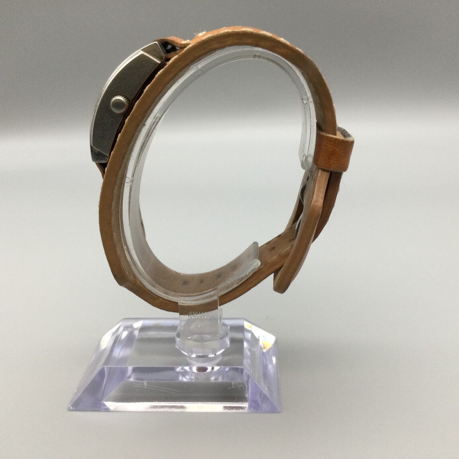 Fossil Tank Watch Women Silver Tone Date Brown Leather Cuff 