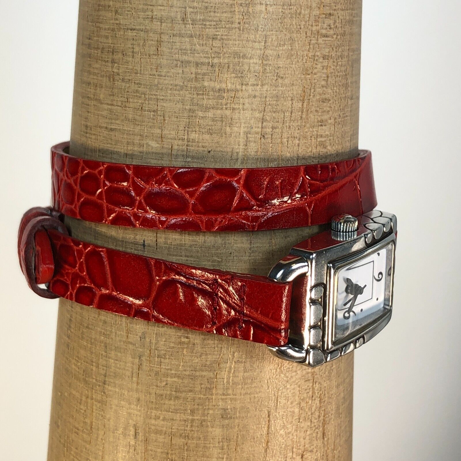 Brighton Petoskey Women\'s Genuine Italian Red Leather Strap Vintage Watch NIB Brighton Petoskey Women Silver Red Double Wrap Leather Band  main image 3