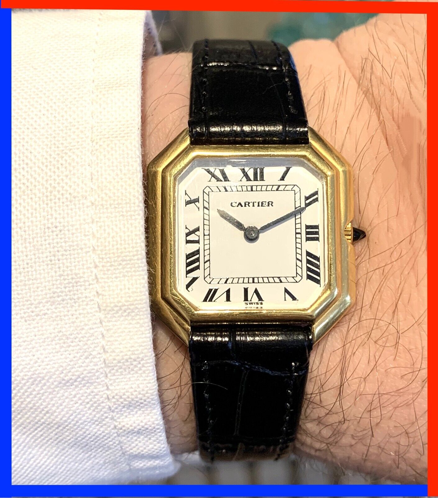 VINTAGE 70S CARTIER OCTAGON UNISEX STEPPED 18K GOLD PLATED 27MM 
