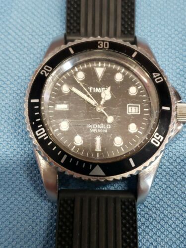 Rare Timex Submariner Diver Watch silver Tone Black Indiglo Date