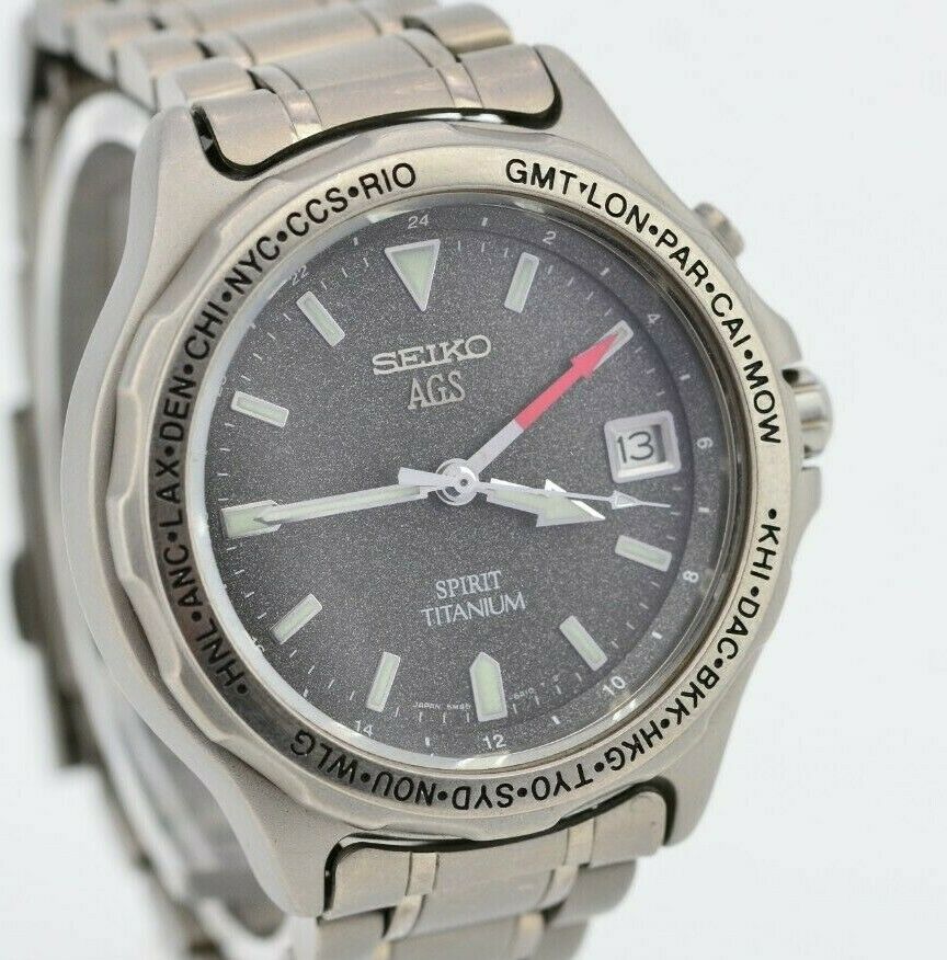 Vintage Seiko AGS Spirit Titanium Kinetic GMT Watch 5M45-6A10 JDM 