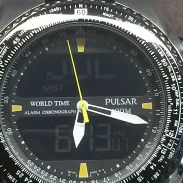 RARE NX14X001 PULSAR MENS ALARM CHRONOGRAPH PILOTS SLIDE RULE WATCH