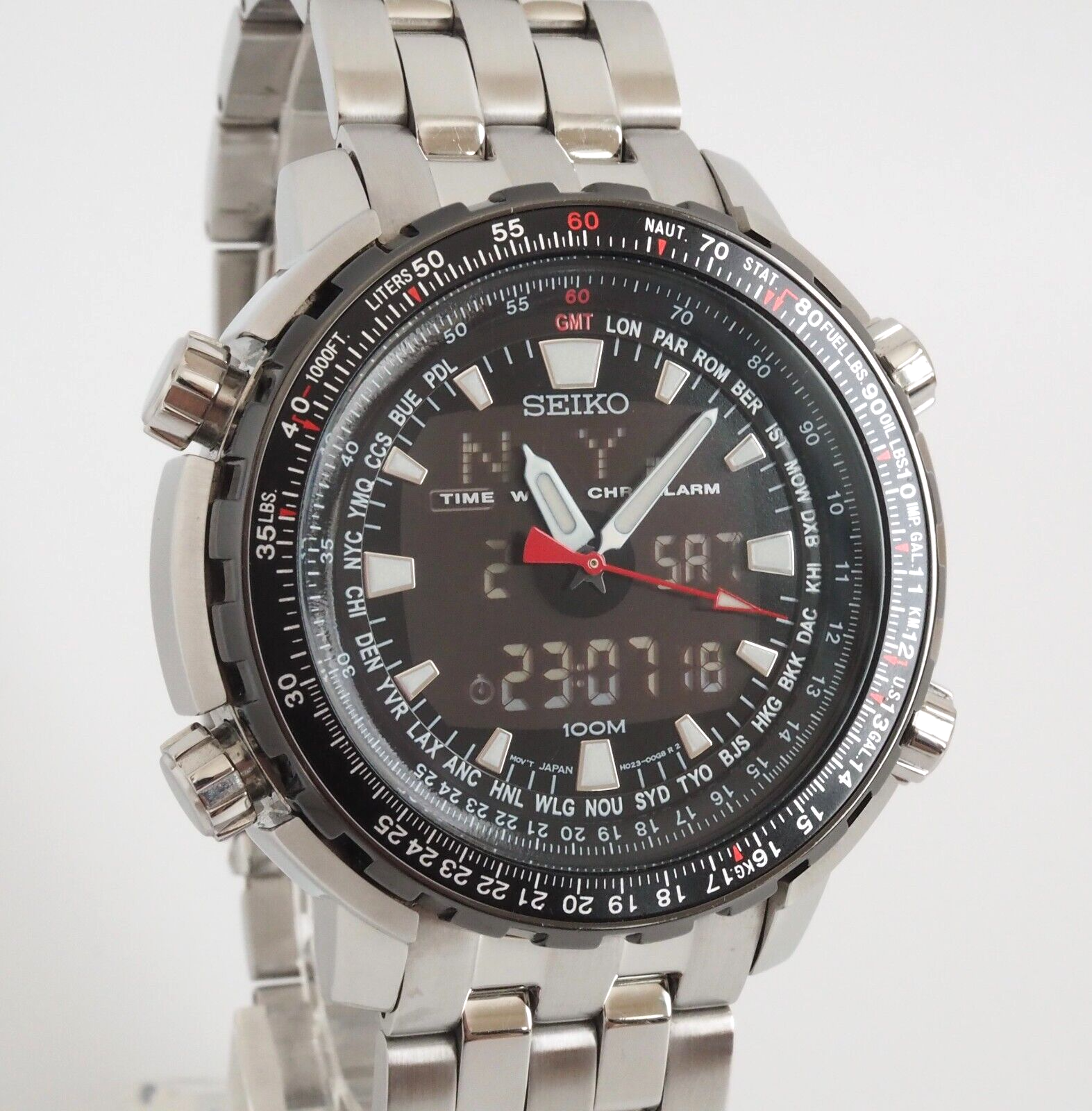 Seiko H023-00G0 GMT World Time Flight Analog Digital Chronograph 
