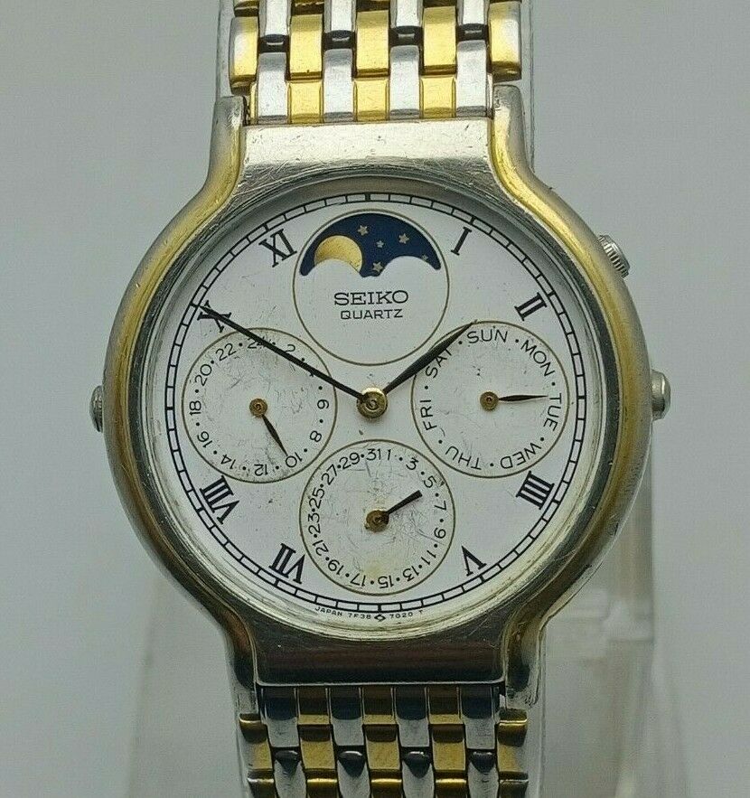 Vintage Seiko 7F38-7020 Moon Phase Quartz Watch | WatchCharts