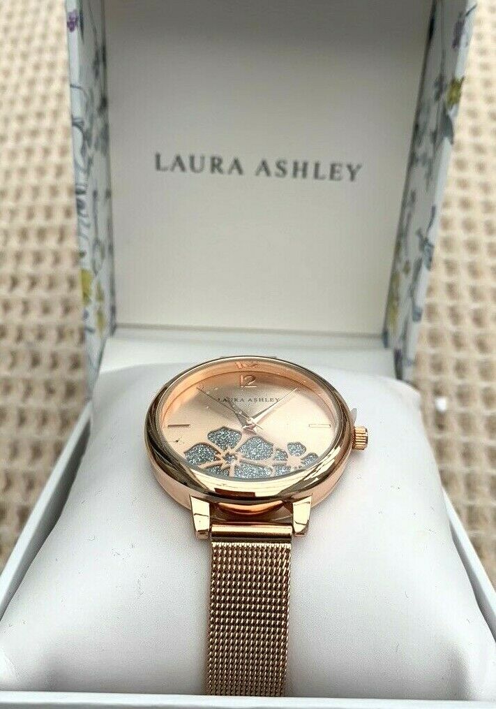 NEW BOX RRP 69.00 LADIES LAURA ASHLEY FLORAL DIAL INLAY ROSE GOLD