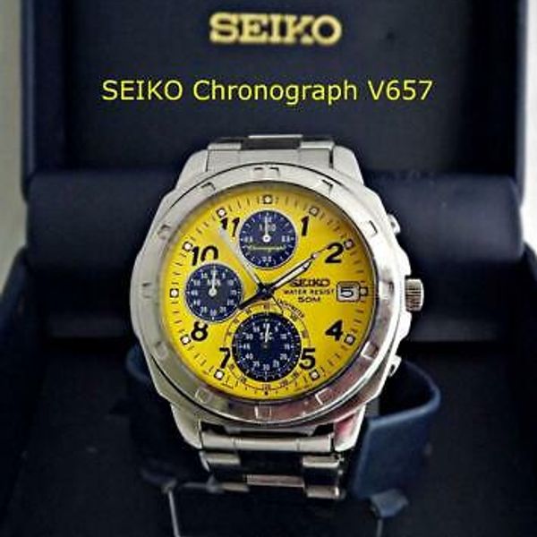1999 Vintage SEIKO CHRONOGRAPH Yellow Dial with Date Blue Chrono's Quartz  V657 | WatchCharts