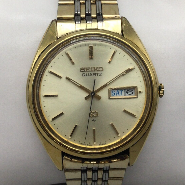 Vintage Seiko SQ Watch Men 35mm Gold Tone Day Date Round Dial New ...